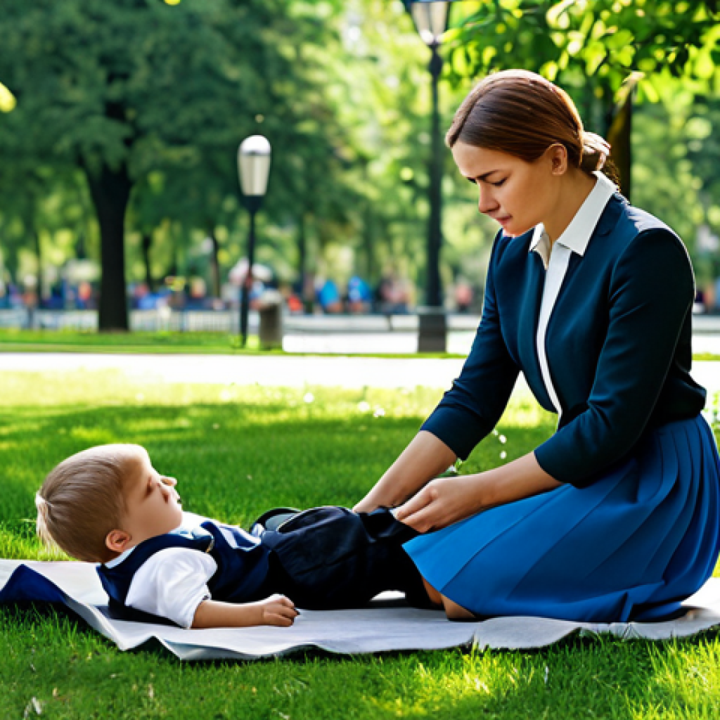 A woman in a modest, professional outfit (skirt and blouse) helping a child who has fallen. Scene takes place in a park. The woman is demonstrating kindness and concern. Fully clothed, appropriate attire, safe for work, family-friendly, perfect anatomy, natural proportions, professional photography, high quality.