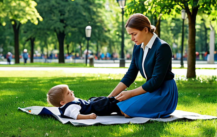 A woman in a modest, professional outfit (skirt and blouse) helping a child who has fallen. Scene takes place in a park. The woman is demonstrating kindness and concern. Fully clothed, appropriate attire, safe for work, family-friendly, perfect anatomy, natural proportions, professional photography, high quality.