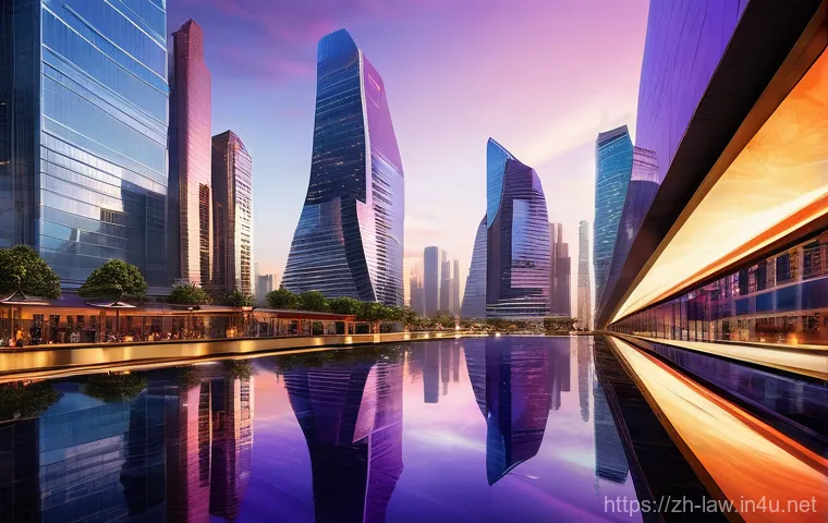 지적재산권법상 특허심사 절차 - **Prompt:** A breathtaking, futuristic city bathed in the warm glow of a golden hour sunset. Towerin...