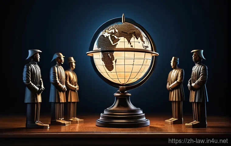 국제법상 국제형사재판소 역할 - **Prompt:** A majestic, ethereal beacon of light pierces through a subtly darkened, stylized globe, ...