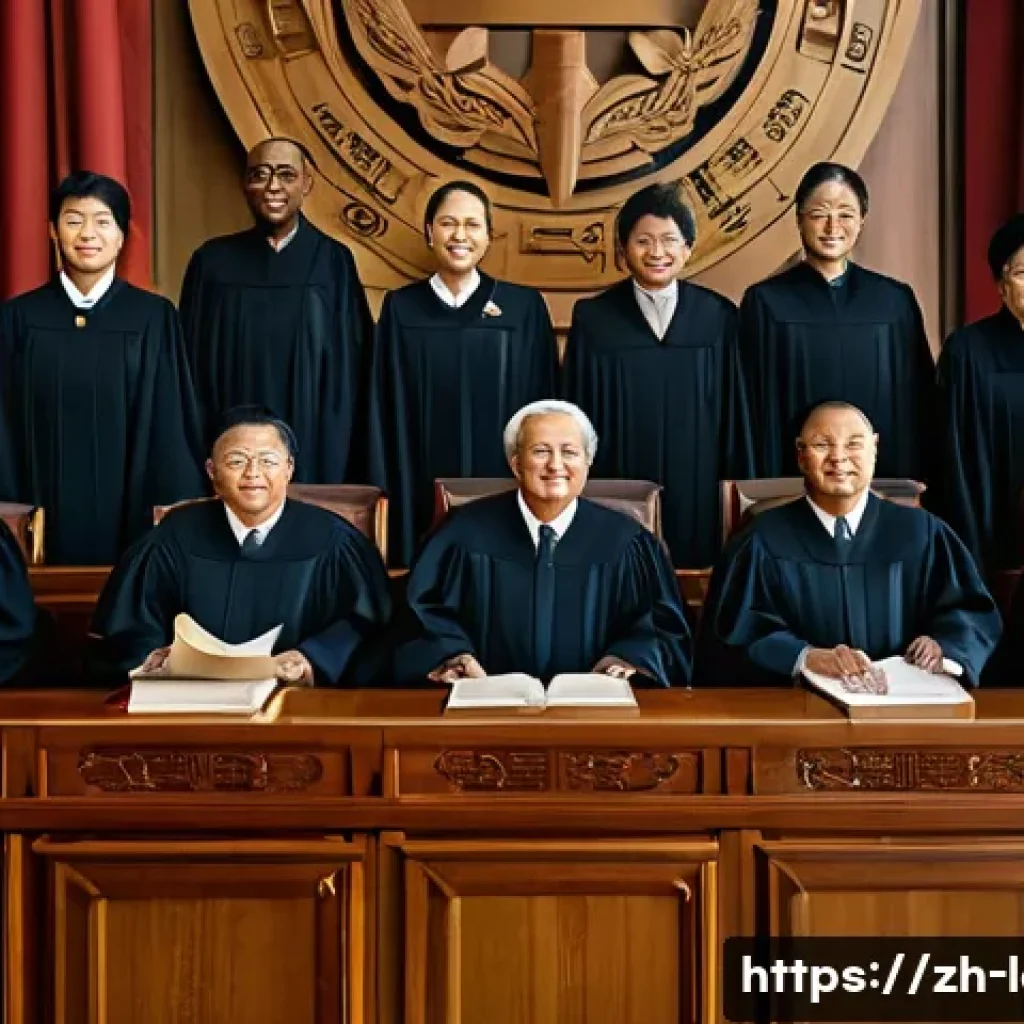 헌법재판소 역할 - A grand, modern constitutional court chamber interior, featuring a semicircular arrangement of diver...