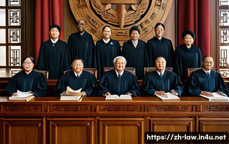 헌법재판소 역할 - A grand, modern constitutional court chamber interior, featuring a semicircular arrangement of diver...