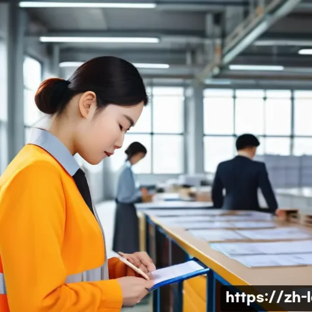 노동법상 근로감독관 권한 - A professional labor inspector conducting an on-site workplace audit inside a modern Chinese factory...
