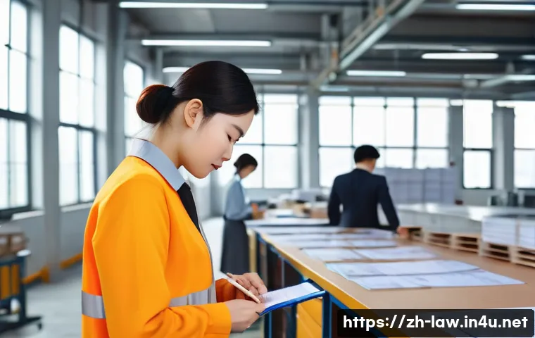 노동법상 근로감독관 권한 - A professional labor inspector conducting an on-site workplace audit inside a modern Chinese factory...