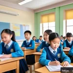 헌법상 평등권 - A diverse group of children studying together in a bright, modern classroom in China, featuring boys...