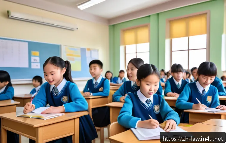 헌법상 평등권 - A diverse group of children studying together in a bright, modern classroom in China, featuring boys...