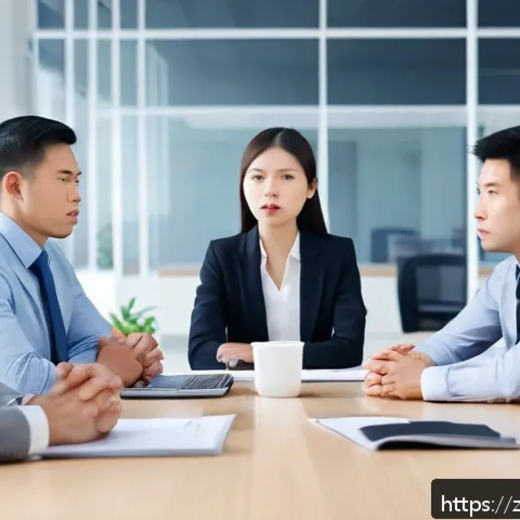 노동법상 직장 내 괴롭힘 방지법 - A modern office scene showing a diverse group of employees in business casual attire during a team m...