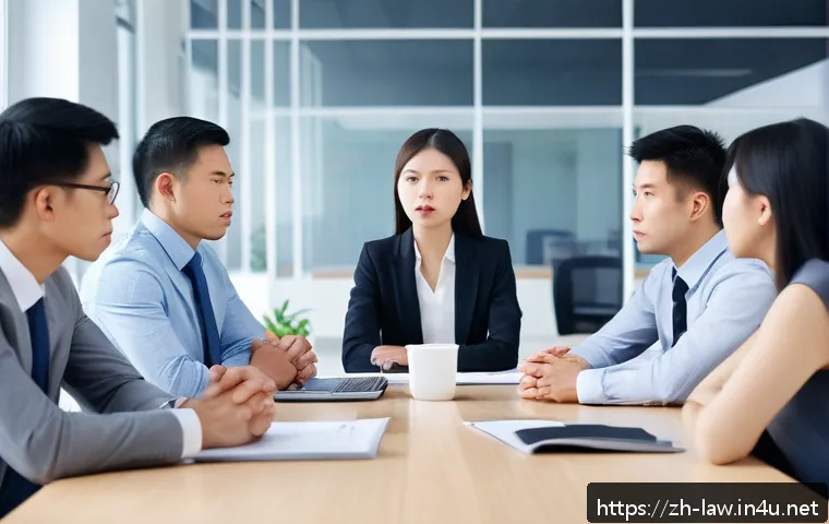 노동법상 직장 내 괴롭힘 방지법 - A modern office scene showing a diverse group of employees in business casual attire during a team m...