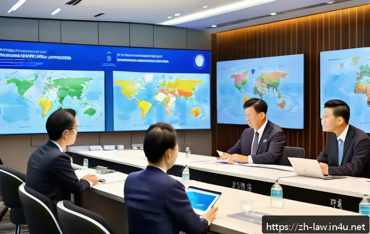 지적재산권법상 국제 지식재산권 협약 - A modern international conference room scene with diverse professionals from various countries colla...
