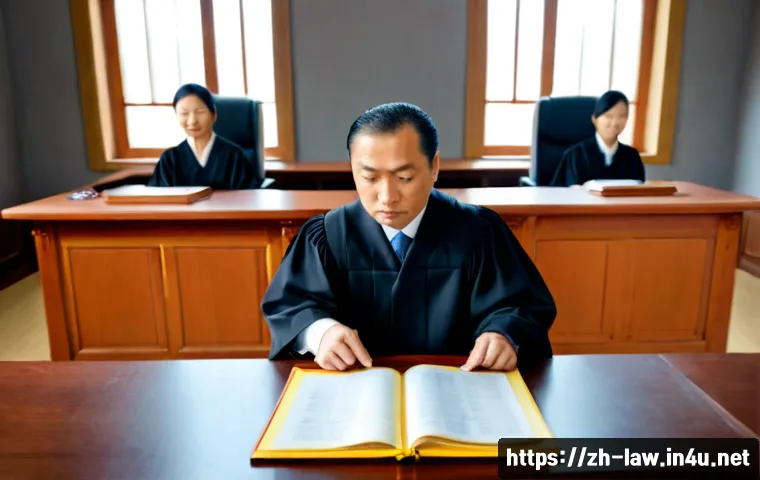 민사소송법상 증거조사 절차 - Photorealistic civil courtroom evidence examination scene, a judge seated in the background while tw...