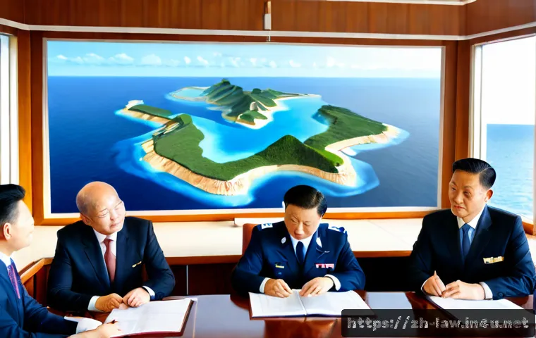 국제법상 해양법 적용 - Photorealistic international maritime law concept, diverse diplomats and naval experts seated around...